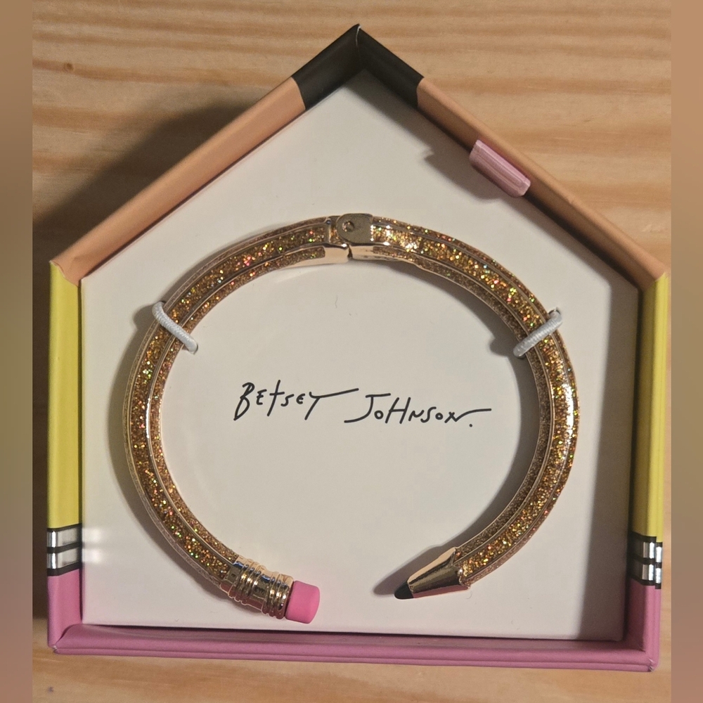 Betsey Johnson Charm School Pencil Bangle Gold Sparkle, new in box